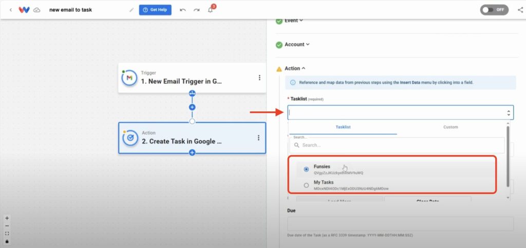 Select a specific Google Tasks list—like “Funsies”—to store new tasks created when you convert Gmail to tasks.