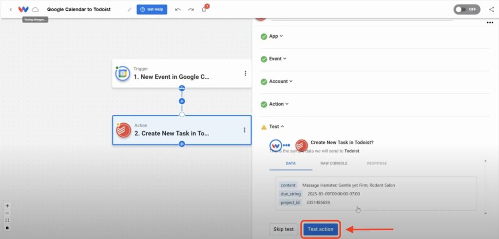 Editor view of Workload platform with red arrow pointing to the Test action button at the bottom of the screen.