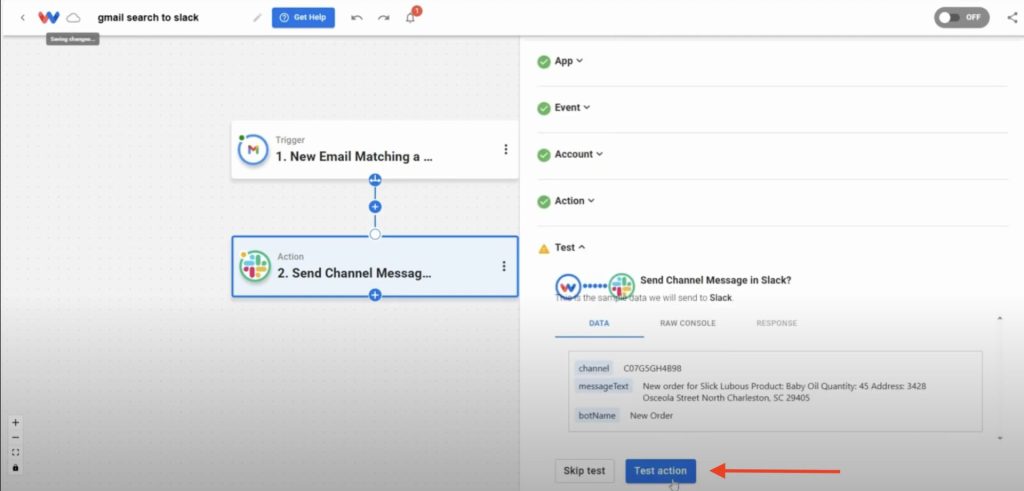 Editor view of the Workload Platform with a red arrow pointing to the "Test action" button in the bottom center of the screen.