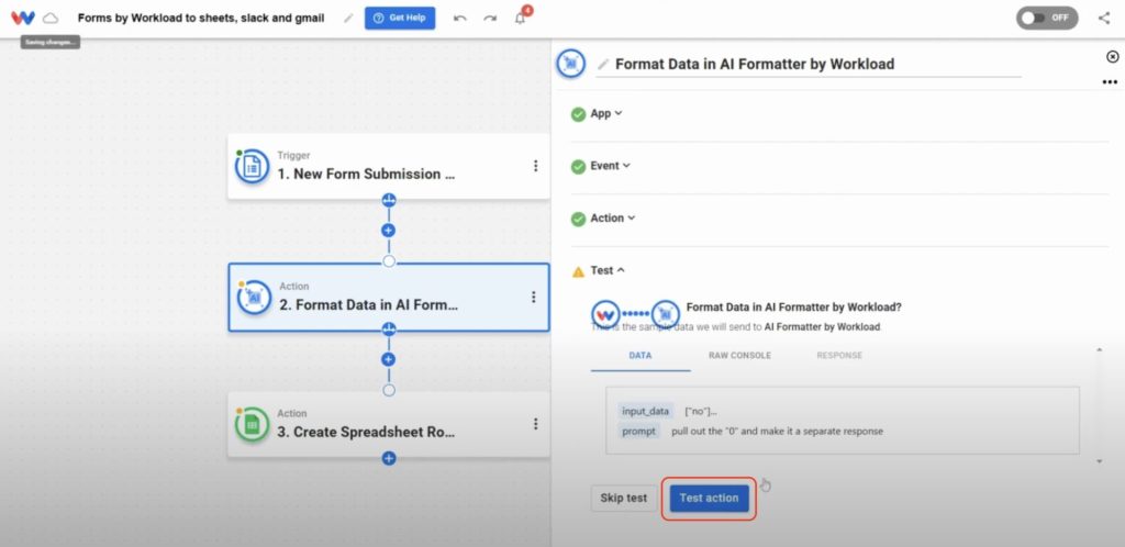 Click “Test Action” to preview the output of your formatted data.