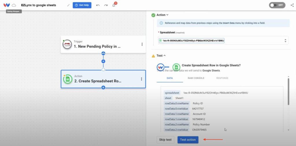 Run a test action to check that the pending policy data is sent to Google Sheets in the correct columns and formats.