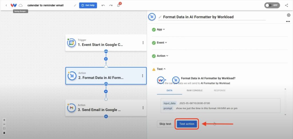 Editor view of Workload platform with red arrow pointing to the "Test action" button