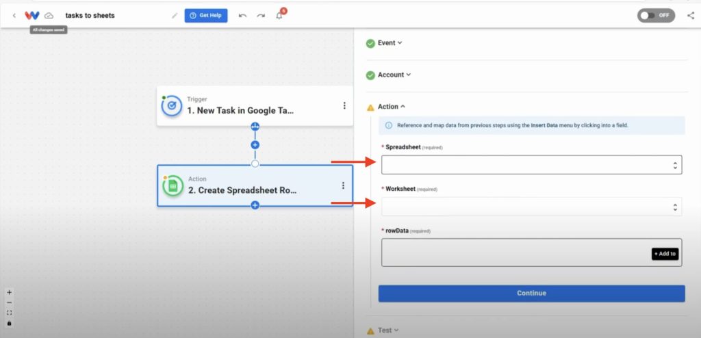 Selecting spreadsheet and worksheet to complete the Google Tasks to Sheets Rows workflow