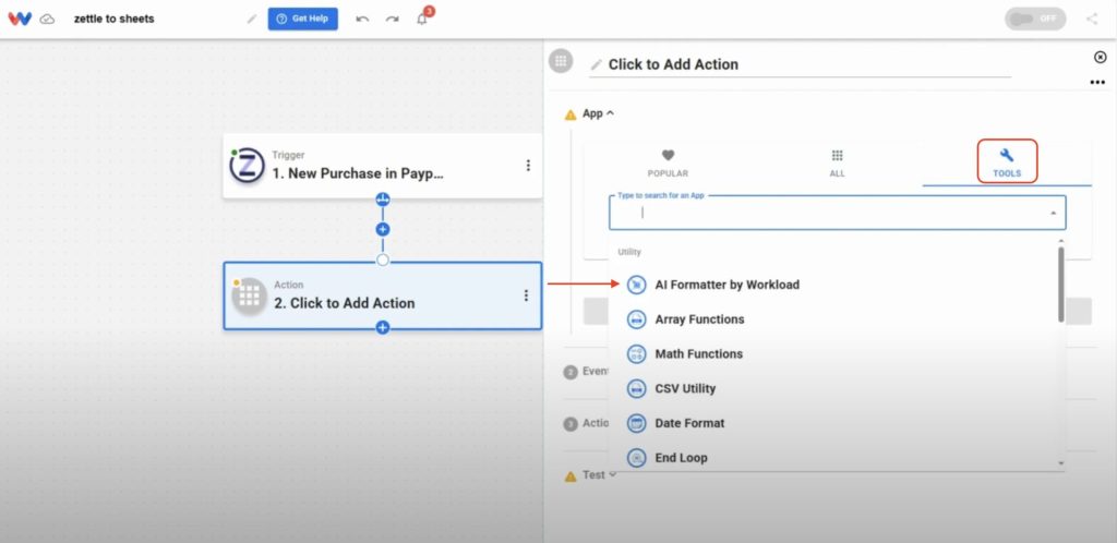 Selecting Google Sheets as the action app in Workload to track Zettle purchases automatically in a spreadsheet