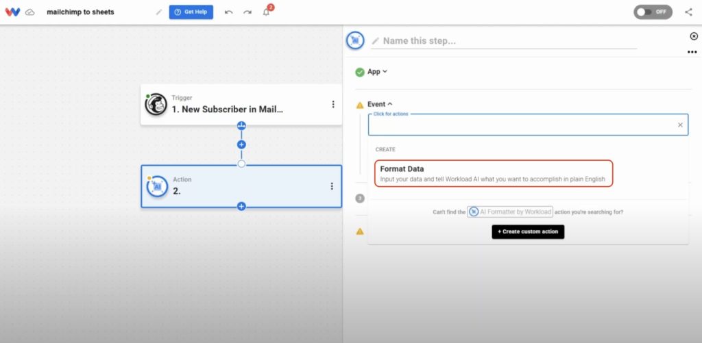Select “Format Data” as the action event for the AI Formatter step.