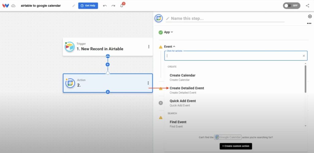Select the Create Detailed Event action in Google Calendar