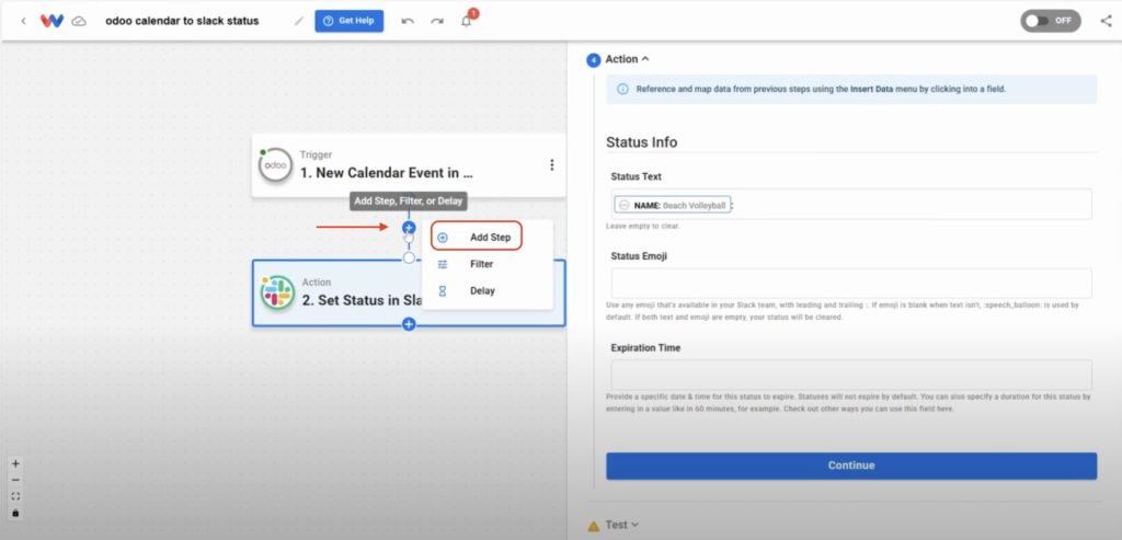 Adding an extra step between Odoo and Slack for Slack Status from Odoo automation.