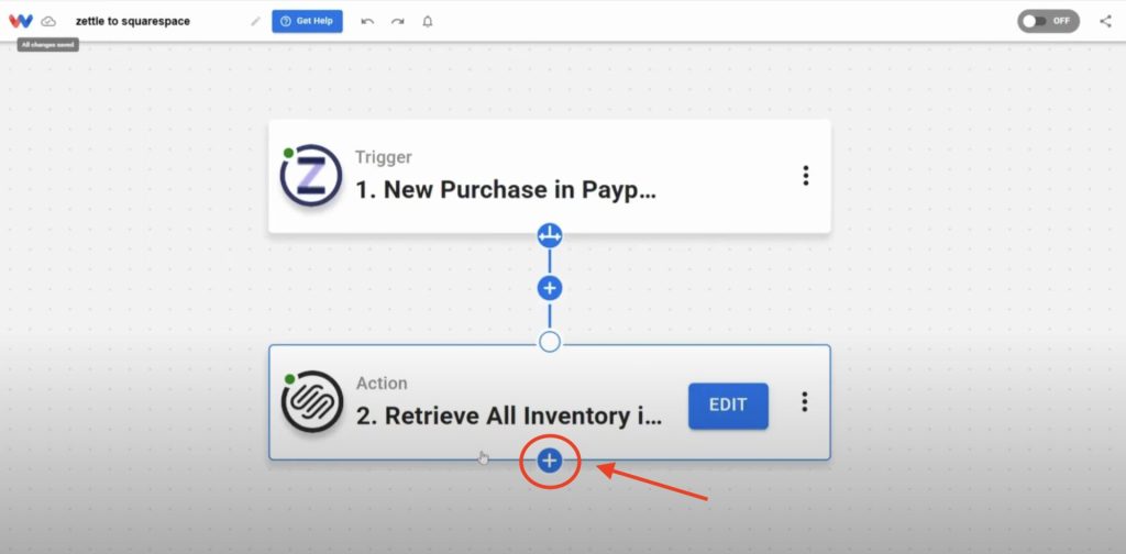 Clicking to add the next automation step in the Squarespace Stock from Zettle workflow