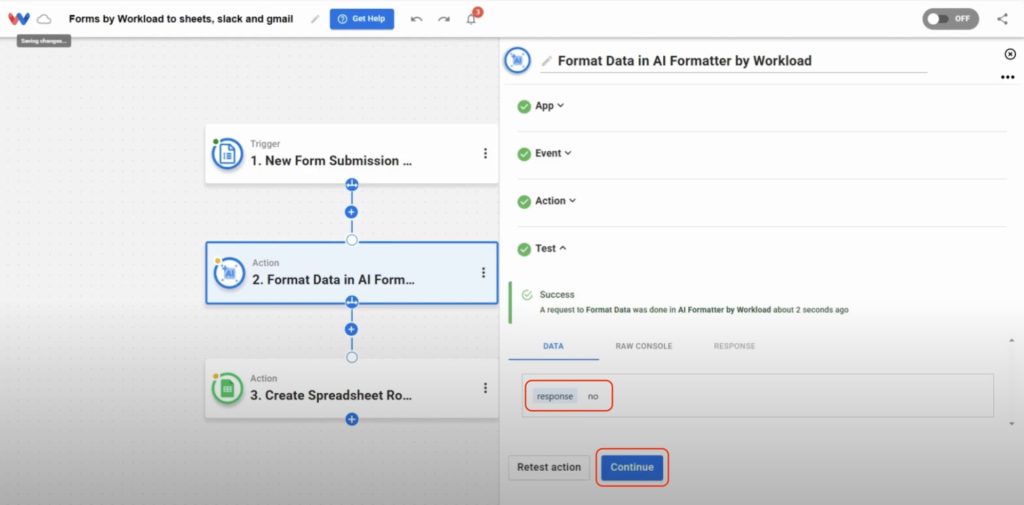 Press Continue to proceed after confirming the formatter output.