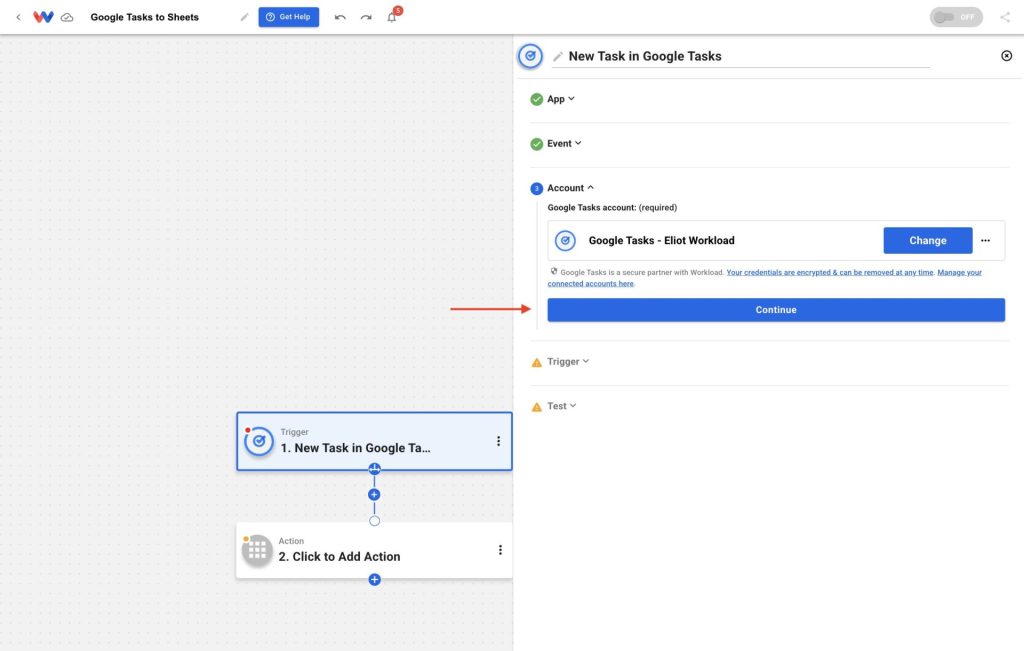 Continuing to set up the automation after authenticating Google Tasks
