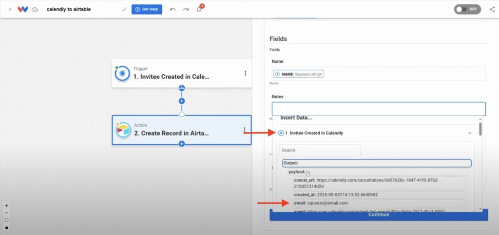 Mapping invitee data from Calendly to the appropriate fields in Airtable, like name and email address.