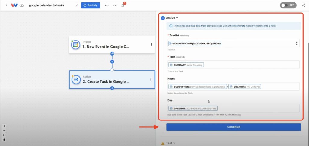 Mapping task details including title, notes, and due date for calendar events with tasks.