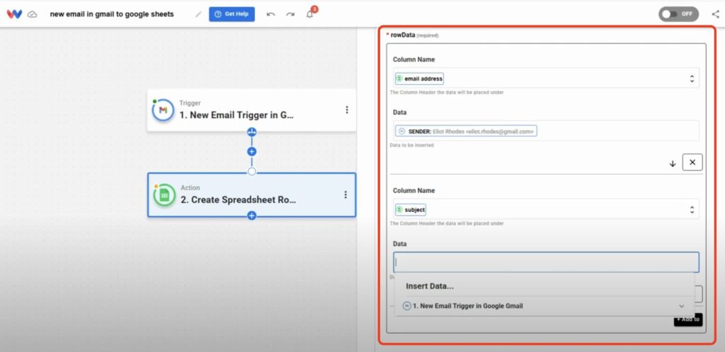 Mapping Gmail fields like sender and subject to sheet columns to log Gmails to Sheets.