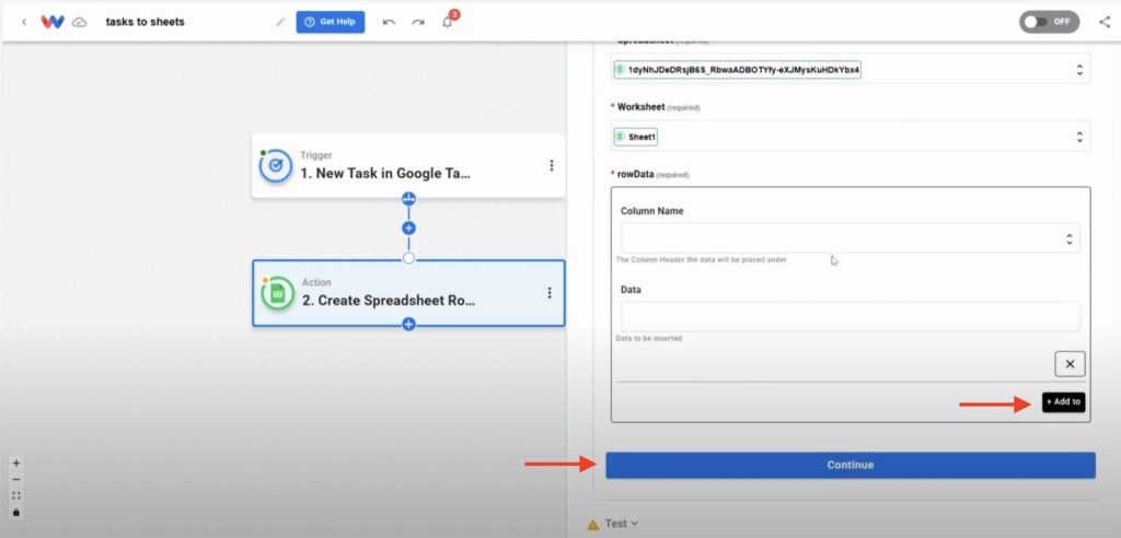 Using Add To button to map Google Task fields into spreadsheet columns