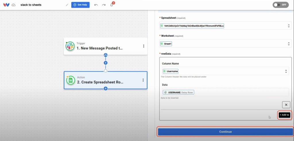 Use the Add To button to map fields like message, timestamp, and channel to Sync Slack Messages Automatically.
