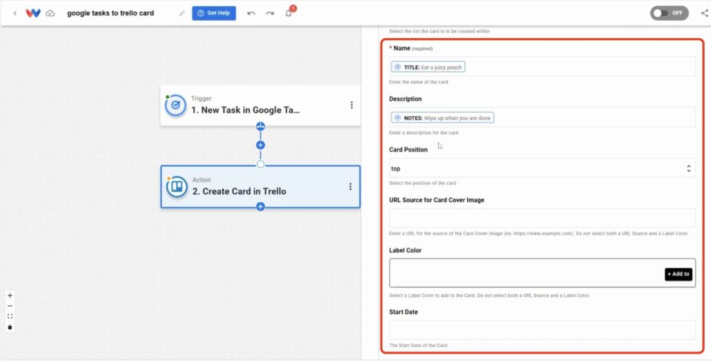Mapping task data fields like title, notes, and position to the Trello card.