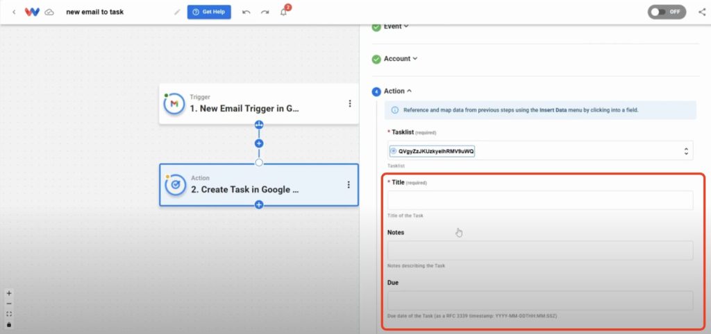 Map email subject, body, and date into Google Tasks fields to fully convert Gmail to tasks automatically.