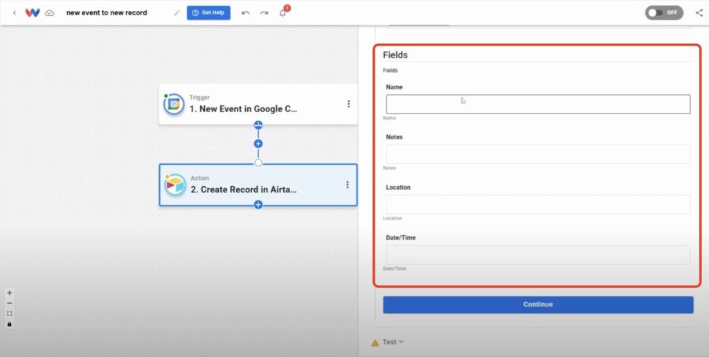 Empty Airtable fields shown for mapping event data: name, notes, location, and date/time