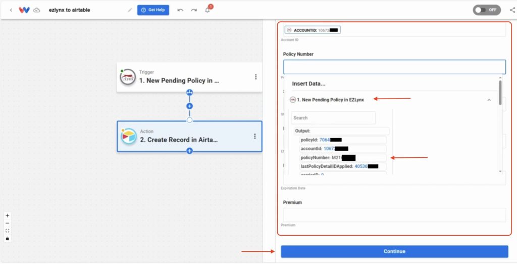 Map each EZLynx policy detail to the correct Airtable field to create Airtable Records from EZLynx.