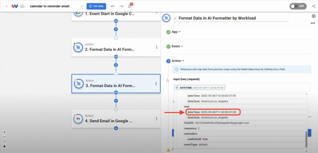 Editor view of Workload platform with red arrow pointing to the end: dateTime field in the Input Data field.