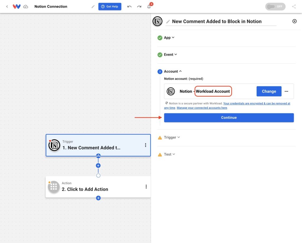 Workflow step showing the connected account field populatedโConnect Notion to Workload completed and ready to use.