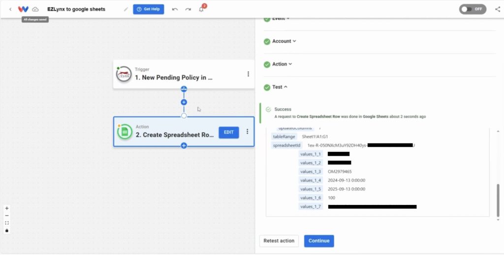 View the confirmation screen showing a successful response, with each pending policy’s details added to your Google Sheet.