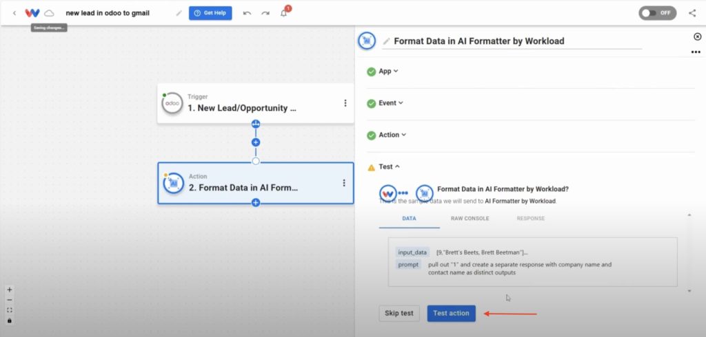 Testing AI Formatter step with Odoo lead data in Workload.