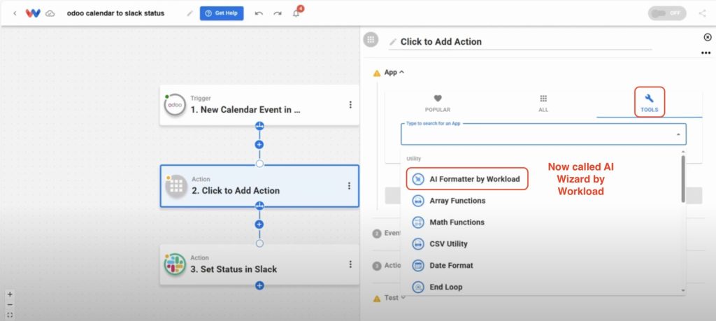 Choosing AI Formatter (AI Wizard) from Workload’s tools list.