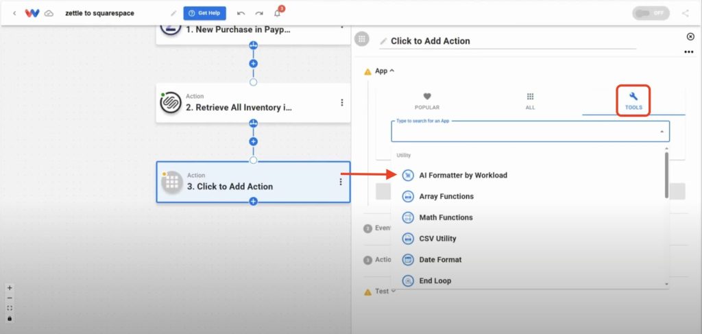 Selecting 'AI Formatter by Workload' to begin processing Zettle data for inventory matching in Squarespace