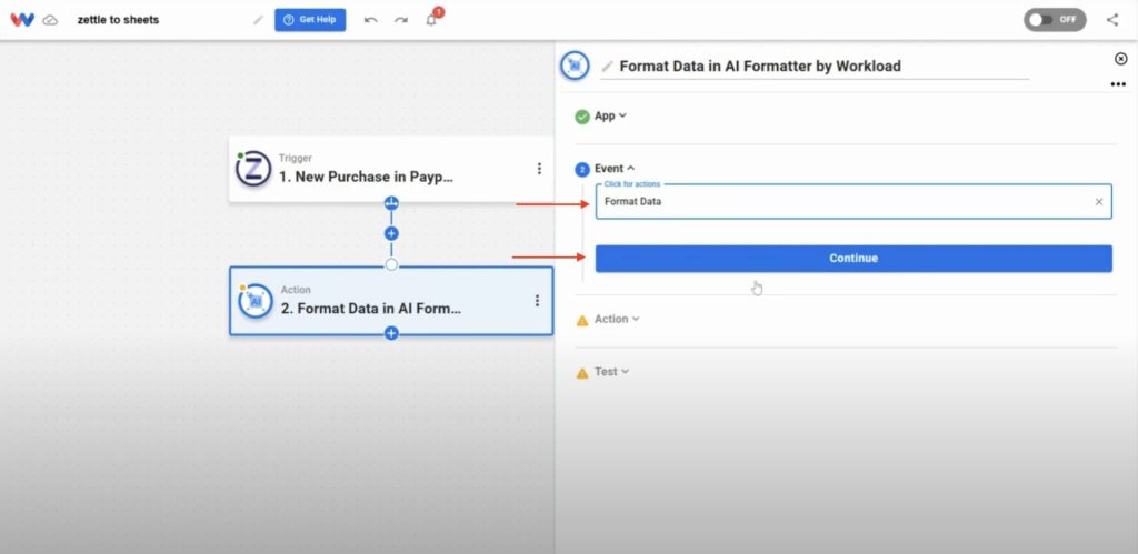 Choosing Add Spreadsheet Row as the Google Sheets action for saving Zettle purchase data automatically