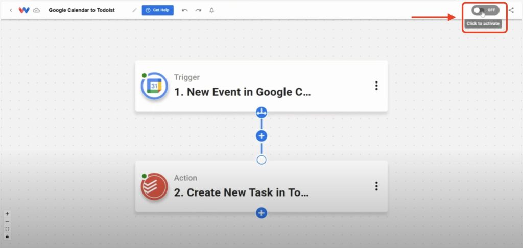 Editor view of Workload platform with red arrow pointing to On/Off toggle in upper right corner. Click the toggle to activate the Google Calendar Todoist Task Sync workflow.