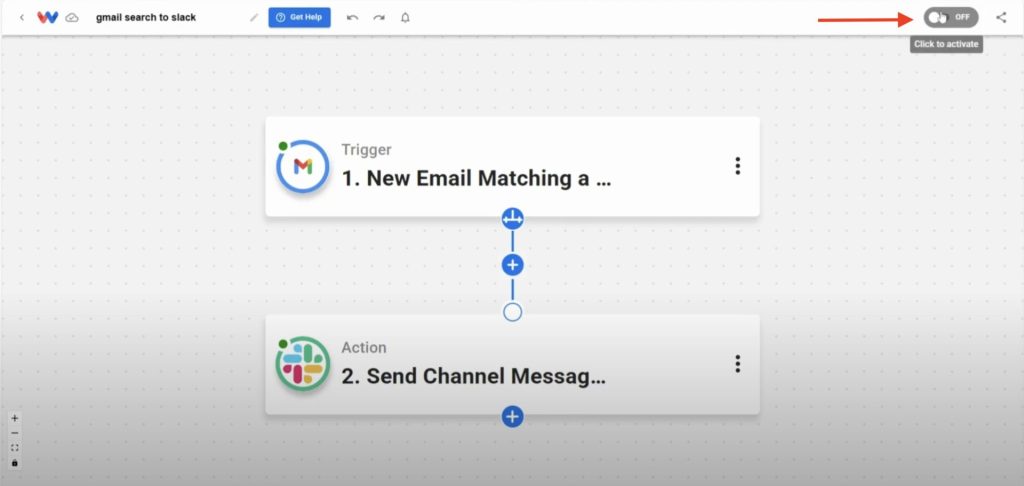 Editor view of the Workload platform with a red arrow pointing to the On/Off toggle in the top-right corner. Click this to activate the Gmail to Slack Channel Messages workflow.