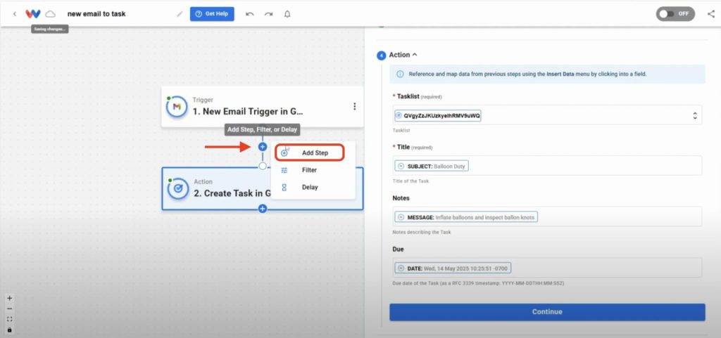 Insert a new step in your workflow between the Gmail trigger and Google Tasks action to process data.