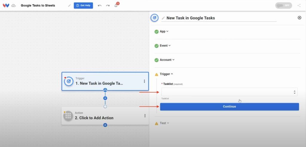 Selecting a specific task list from Google Tasks for the trigger event