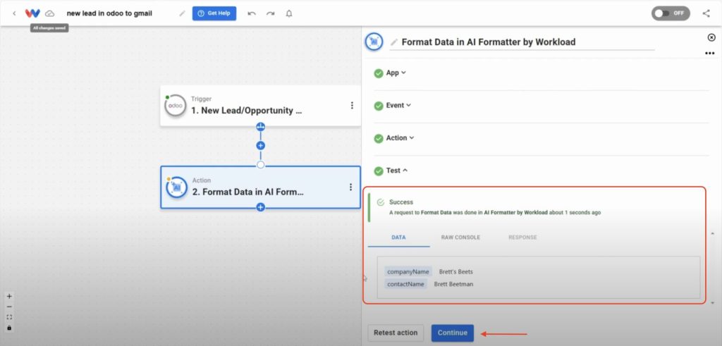 Successful AI Formatter test showing separated company and contact name for Email New Odoo Leads.