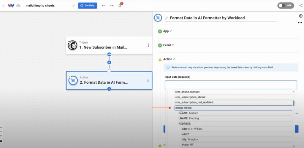 Paste the array of merge_fields from the Mailchimp trigger into the AI Formatter input.