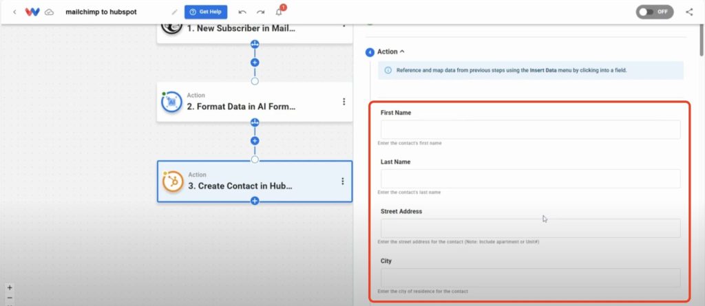 Map the data from the prior steps that you want to use in the Create Contact action in HubSpot.