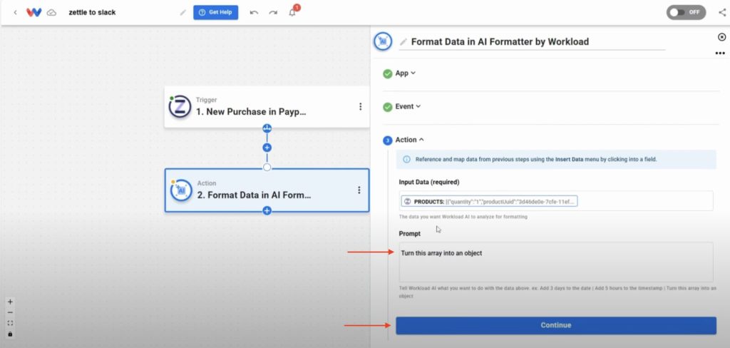 Write a custom prompt to convert Zettle product data for Slack messages.