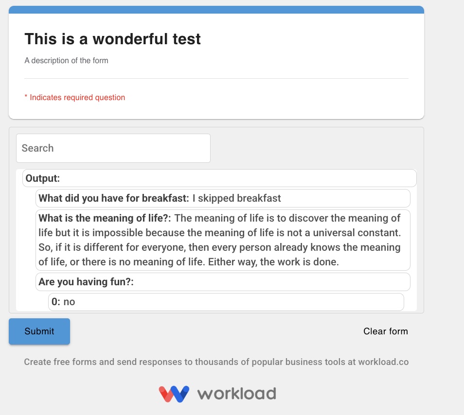 A finished form submission shows how simple it is to Create Custom Business Forms and collect data instantly.