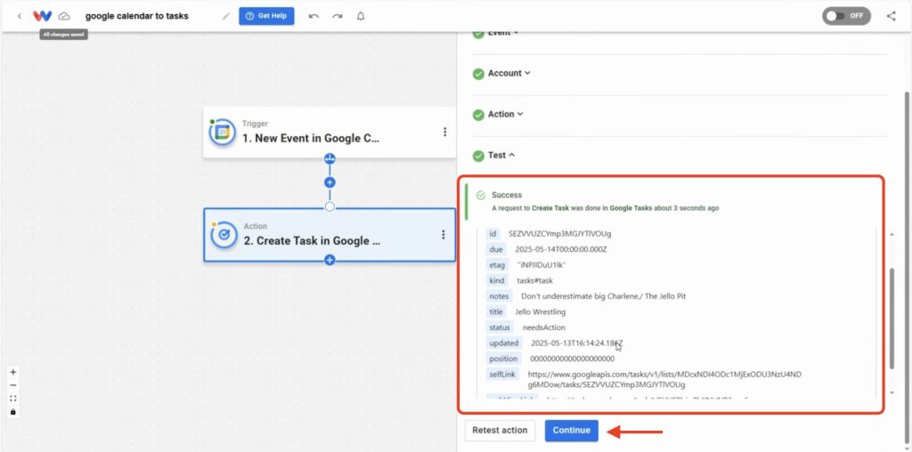 Successfully tested Google Tasks action showing calendar event data converted to task.