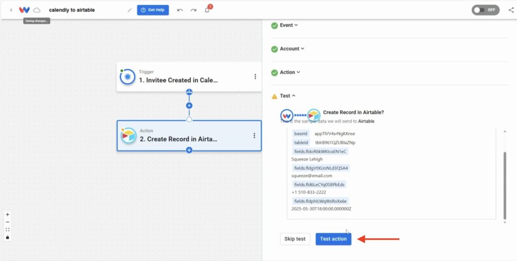 Test step showing how Calendly invitees to Airtable workflow passes data between apps.