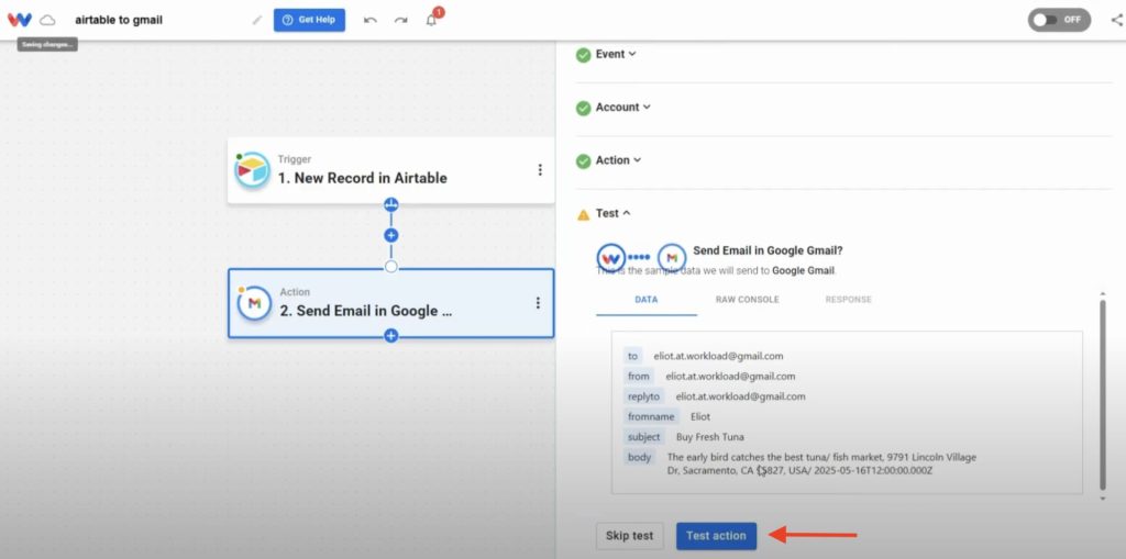 Testing the Gmail action to confirm successful message delivery using Airtable data