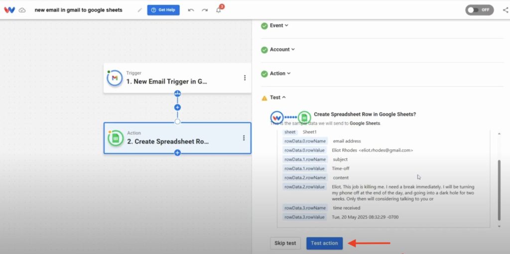 User runs a test to confirm Gmail data is ready to be inserted into Google Sheets.