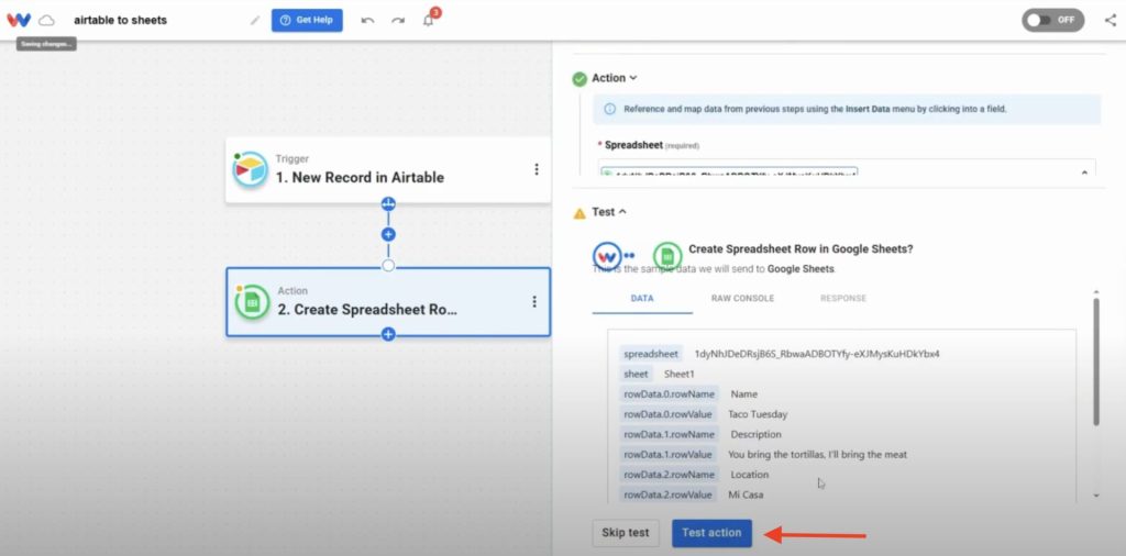 Running a test to send Airtable data to Google Sheets.