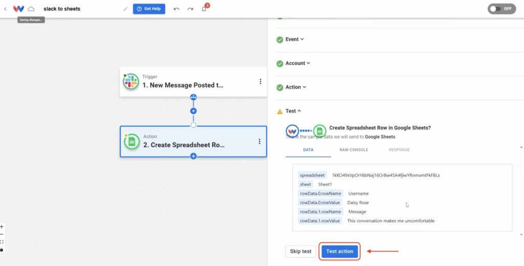Run a test to confirm the Slack message data is correctly added to a new row in your Google Sheet.