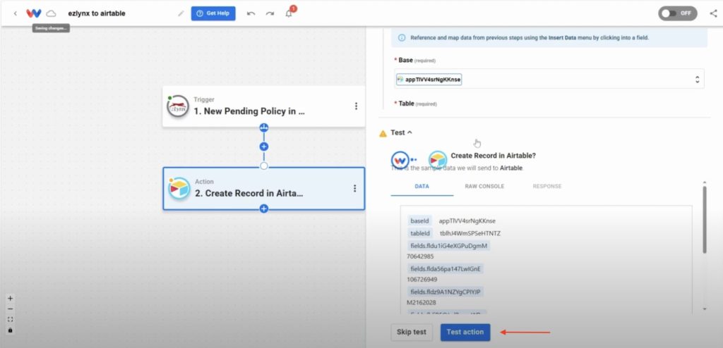 Run a test action to confirm that policy data is sent from EZLynx to Airtable correctly.