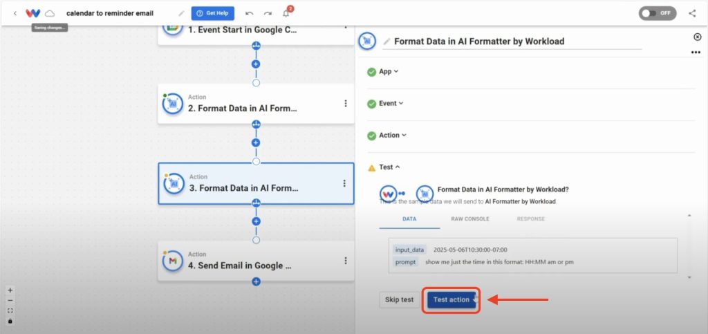 Editor view of Workload platform with red arrow pointing to the "Test action" button.
