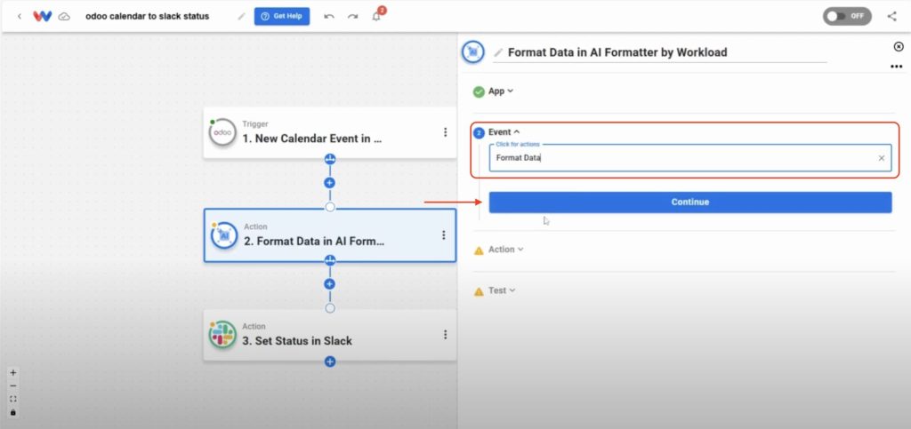 Setting the event in AI Formatter to “Format Data” for cleaning inputs.