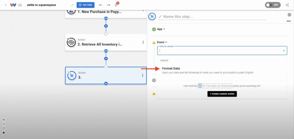 Choosing 'Format Data' event to extract the SKU from Zettle purchase info before applying to Squarespace