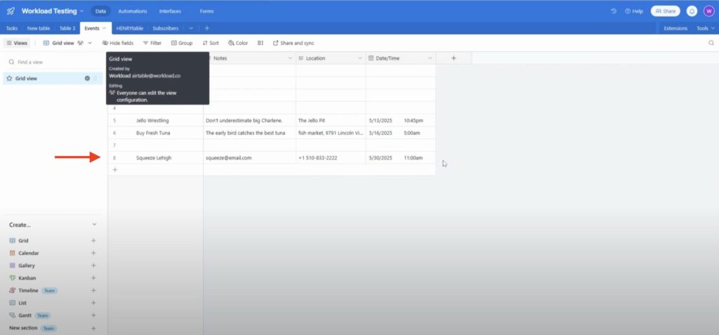 Airtable table showing a new record automatically created from a Calendly meeting booking.